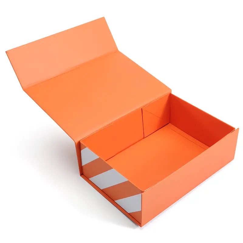 Orange foldable magnetic gift box assembled and open to show its rigid structure