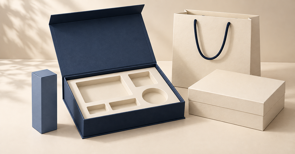 Navy magnetic gift box with a fitted paper insert, a cream rigid box and a matching paper bag